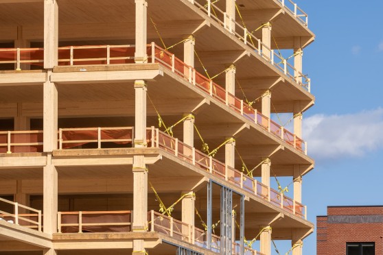 A multi story wood building frame.