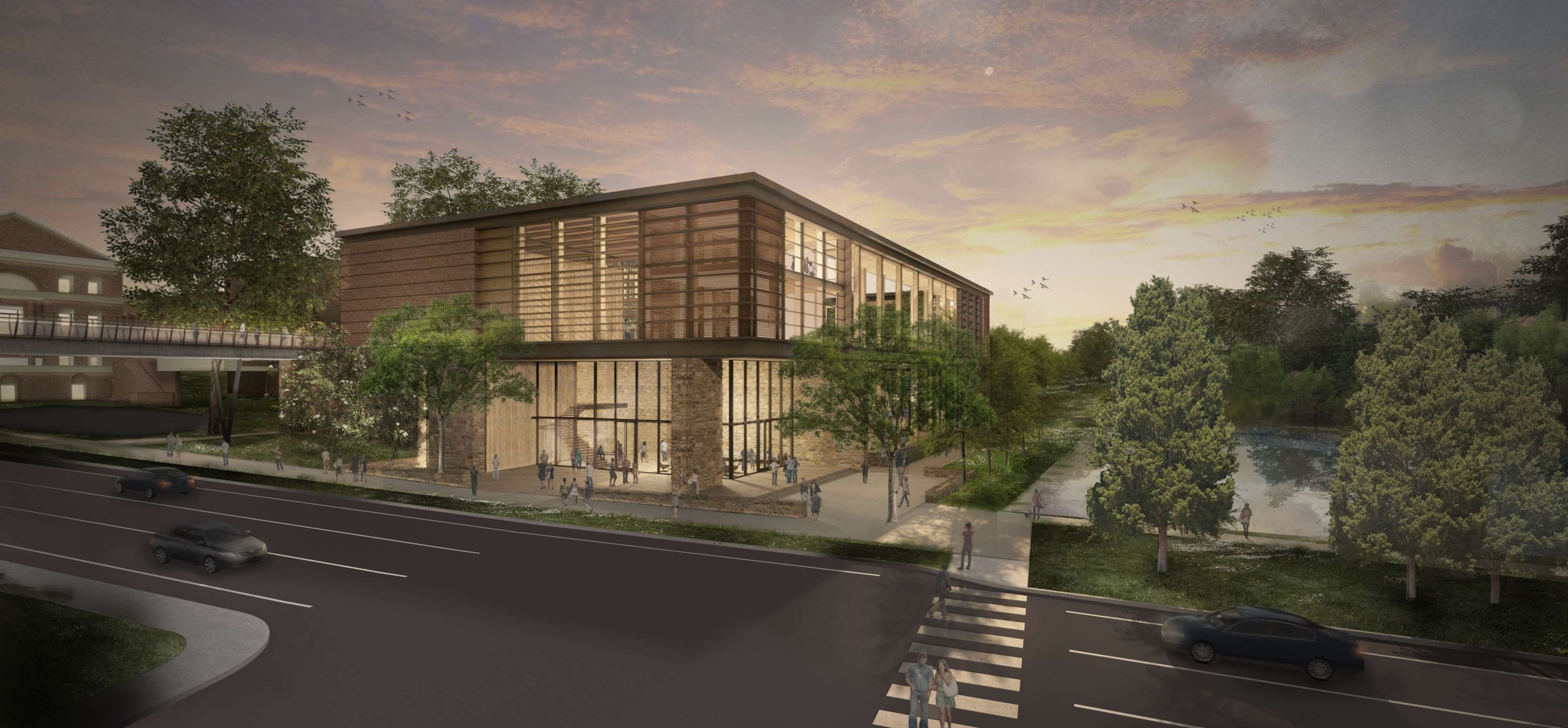 Architectural rendering of a modern building with extensive use of glass and wood