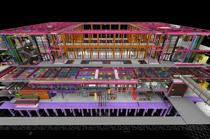 A digital model of a building. Bright colors mark beams and utilities.