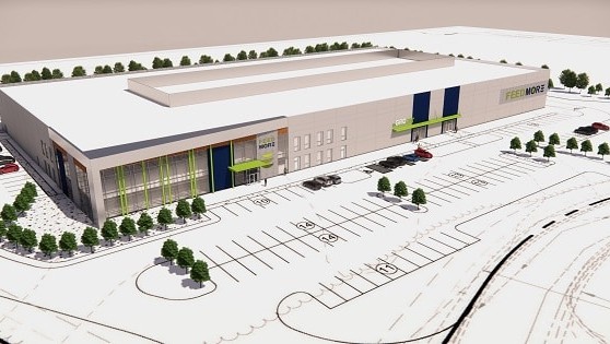 A simple digital rendering of a white warehouse with blue and green accents.