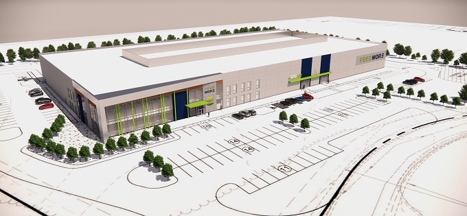 A simple digital rendering of a white warehouse with blue and green accents.