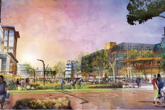 An artistic rendering of an open area in-between many modern buildings with people walking. The sky is orange, purple and blue with a watercolor affect.