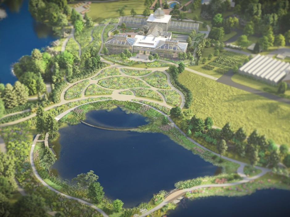 An aerial view rendering of a pond, flower garden and large glass building.