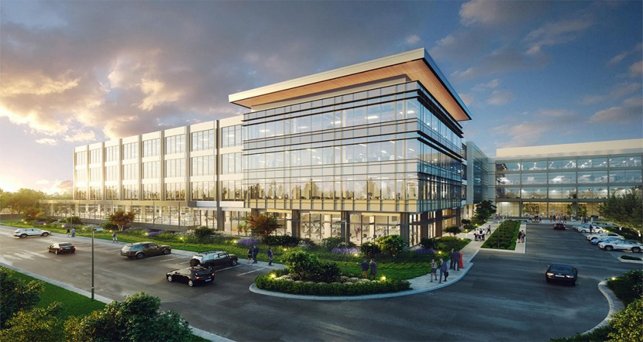 Rendering of multistory building with glass facade